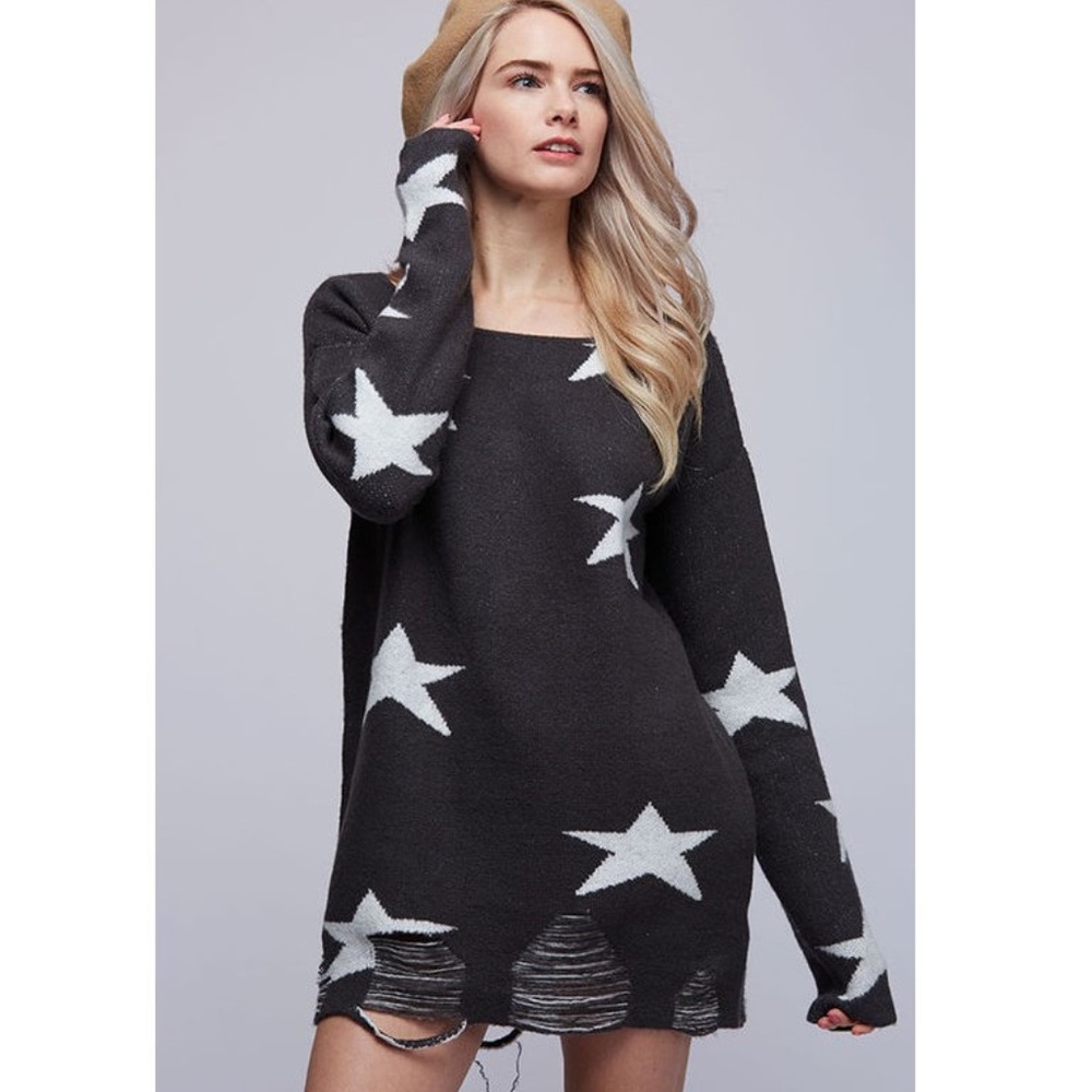 Dark Charcoal White Star Distressed Sweater Tunic - Picture 3 of 8
